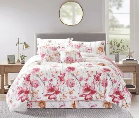 7 Piece Floral Printed Bedding Set Quilted Bedspread Bed Skirt Pillow Sham & Cushions (A06)
