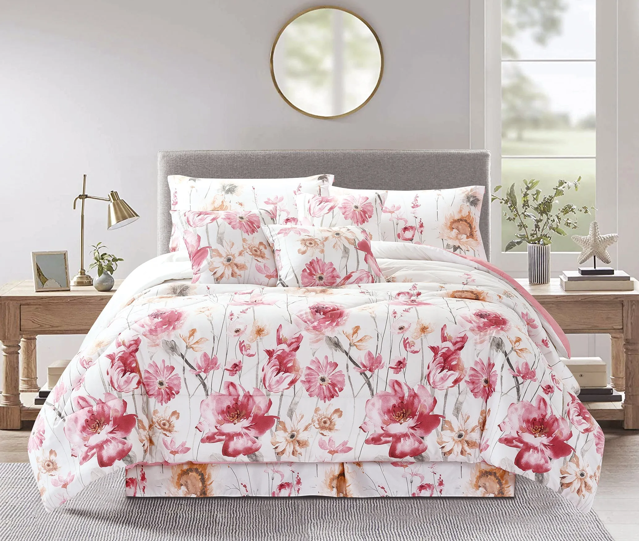 7 Piece Floral Printed Bedding Set Quilted Bedspread Bed Skirt Pillow Sham & Cushions (A06)