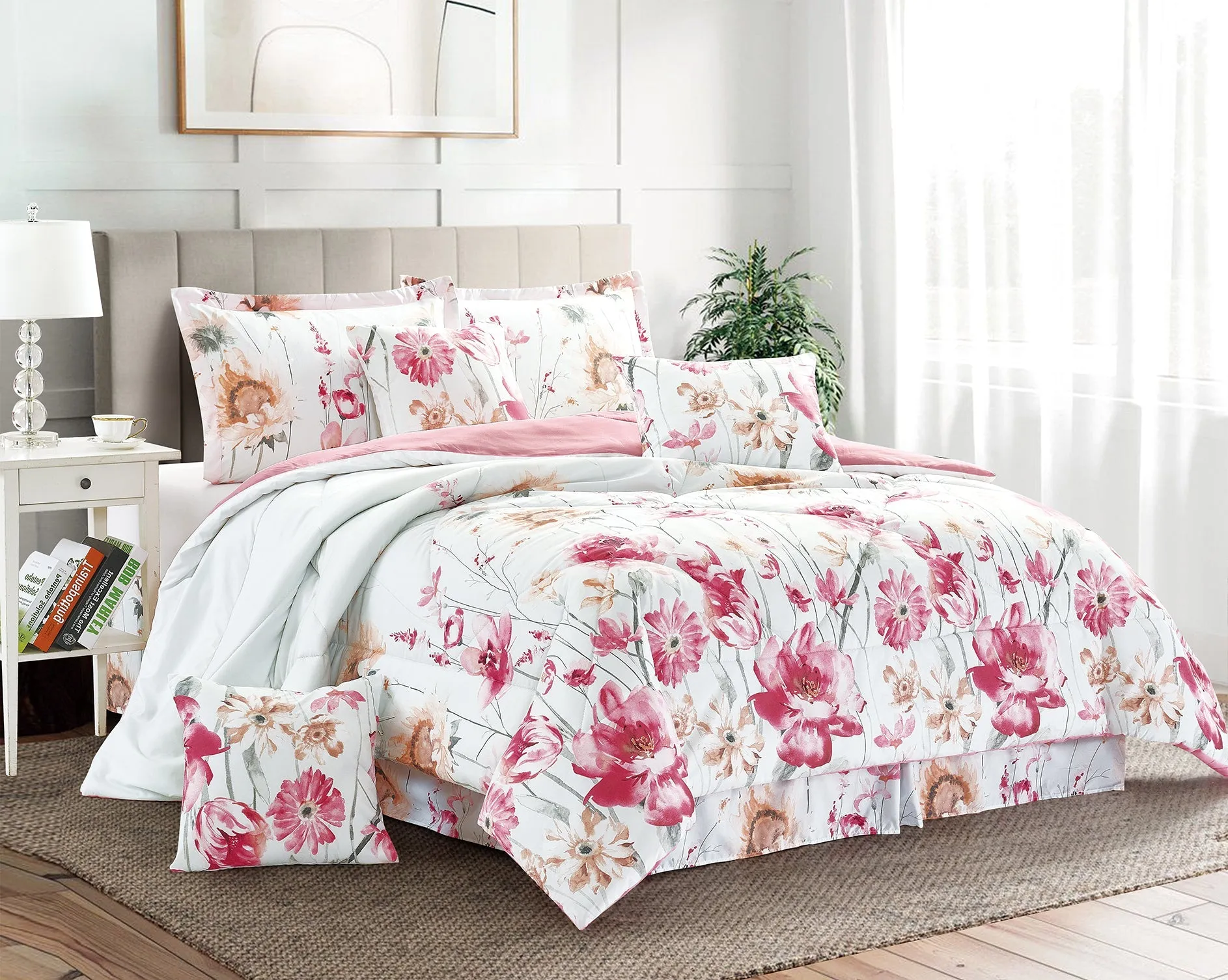 7 Piece Floral Printed Bedding Set Quilted Bedspread Bed Skirt Pillow Sham & Cushions (A06)