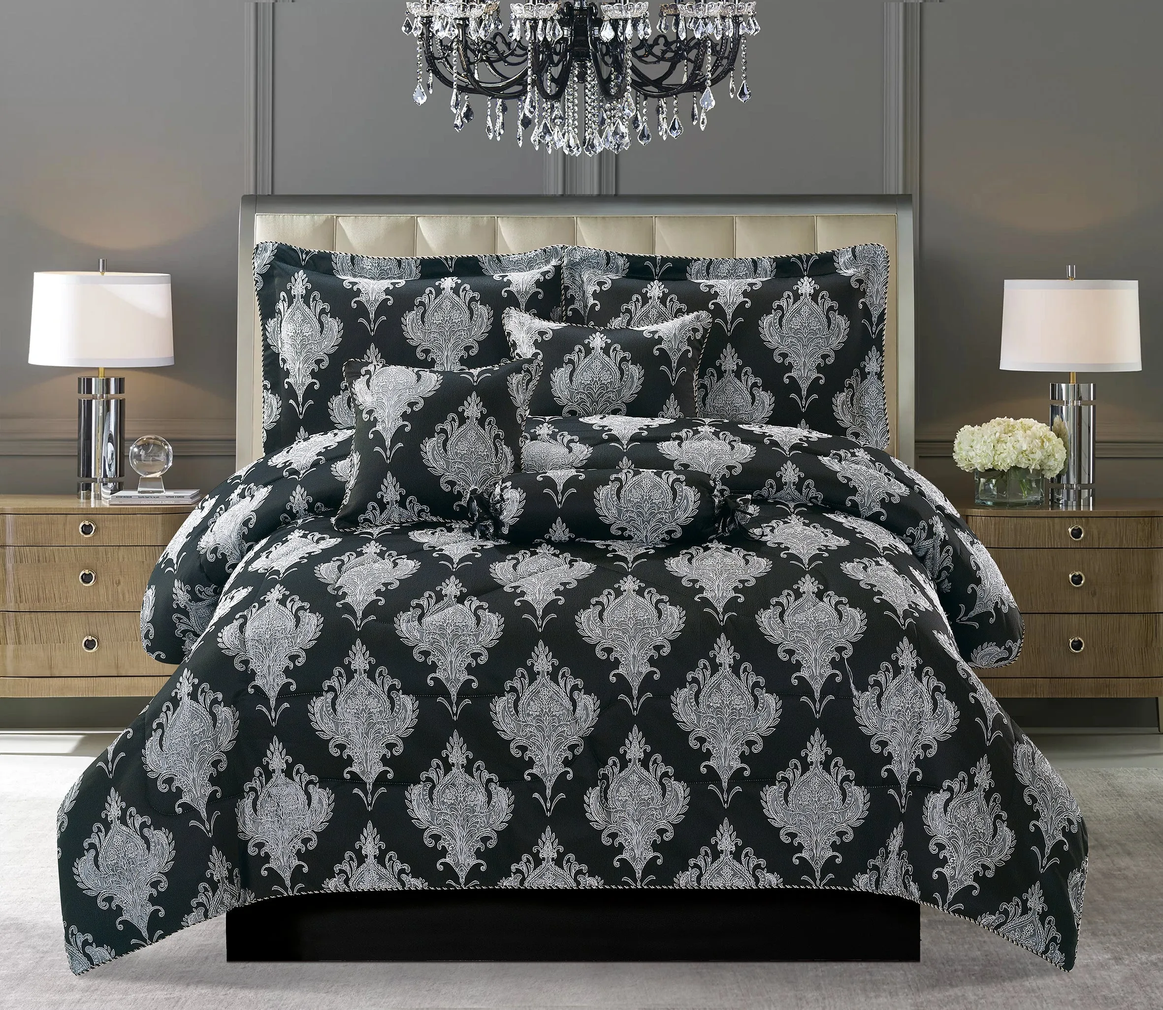 7 Piece Jacquard Bedding Set Quilted Bedspreads Bed Skirt Pillow Shams & Cushion Covers (Emma Black)
