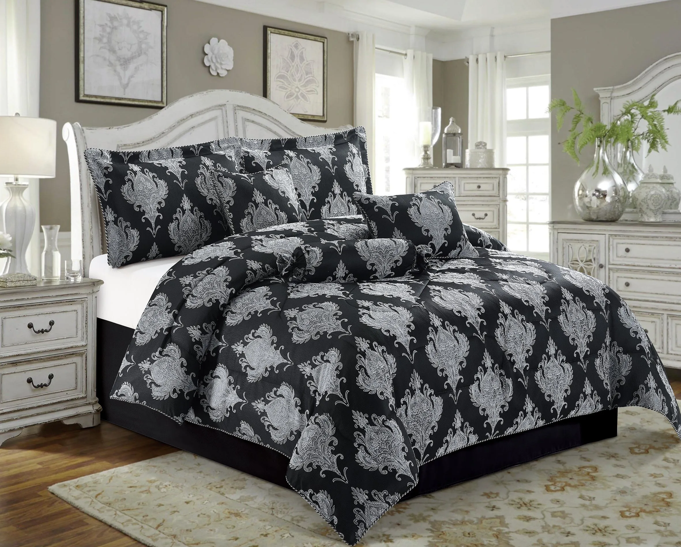 7 Piece Jacquard Bedding Set Quilted Bedspreads Bed Skirt Pillow Shams & Cushion Covers (Emma Black)