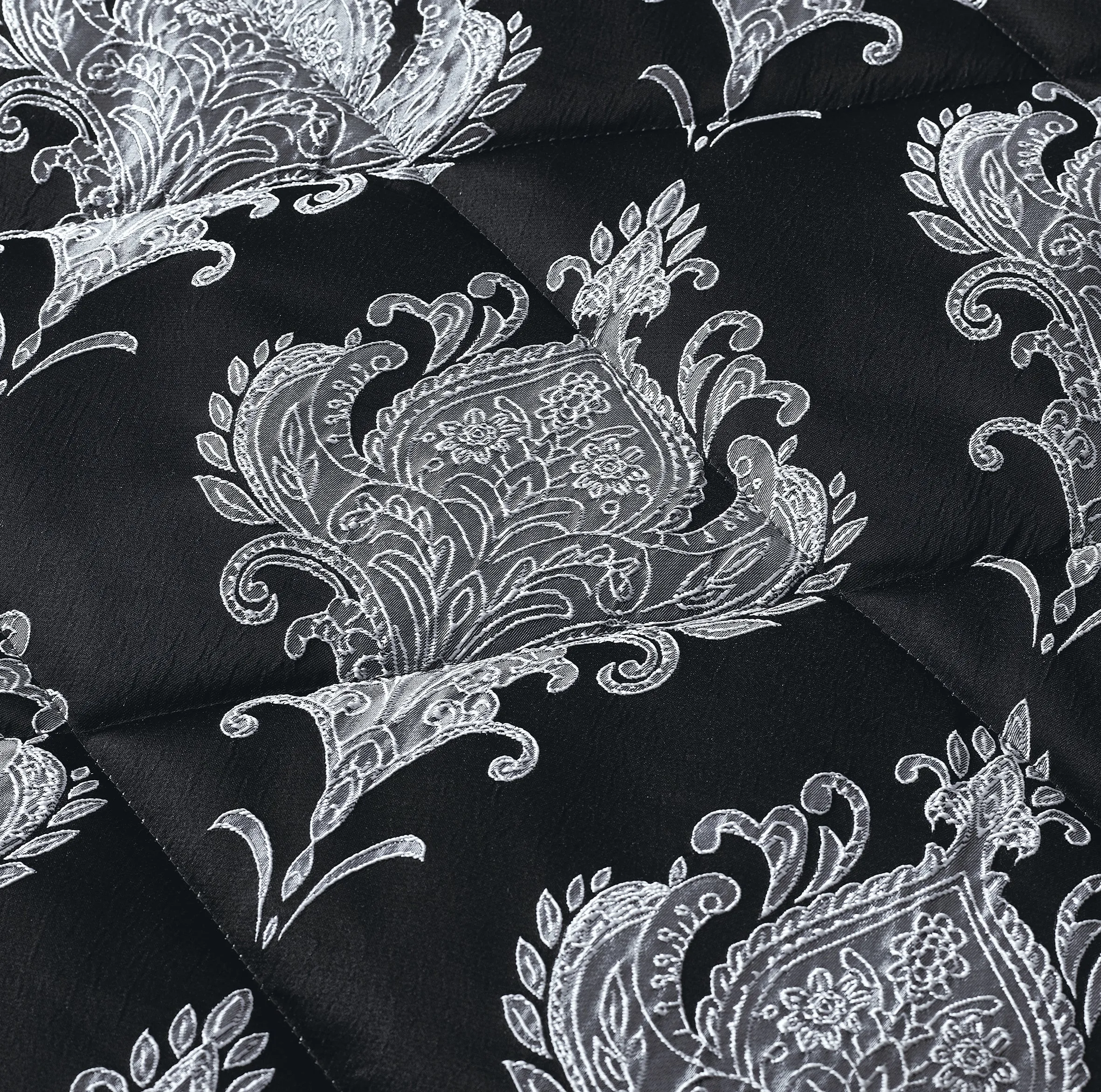 7 Piece Jacquard Bedding Set Quilted Bedspreads Bed Skirt Pillow Shams & Cushion Covers (Emma Black)