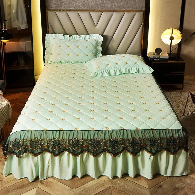 Bed Skirt Luxury Cover Lace Embroidery Crystal Velvet King Ruffle Wrap