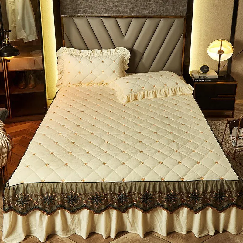 Bed Skirt Luxury Cover Lace Embroidery Crystal Velvet King Ruffle Wrap
