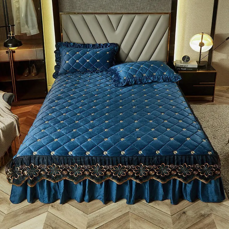 Bed Skirt Luxury Cover Lace Embroidery Crystal Velvet King Ruffle Wrap