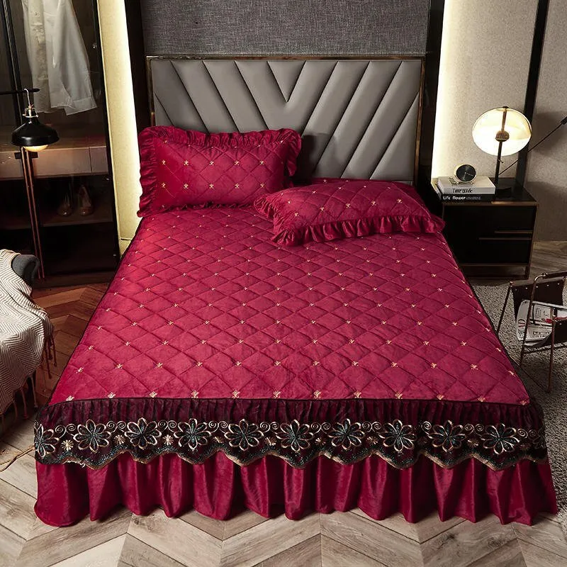 Bed Skirt Luxury Cover Lace Embroidery Crystal Velvet King Ruffle Wrap