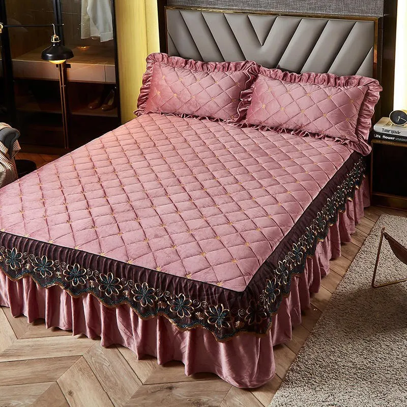 Bed Skirt Luxury Cover Lace Embroidery Crystal Velvet King Ruffle Wrap
