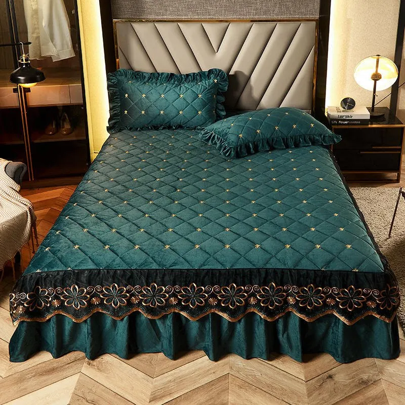 Bed Skirt Luxury Cover Lace Embroidery Crystal Velvet King Ruffle Wrap
