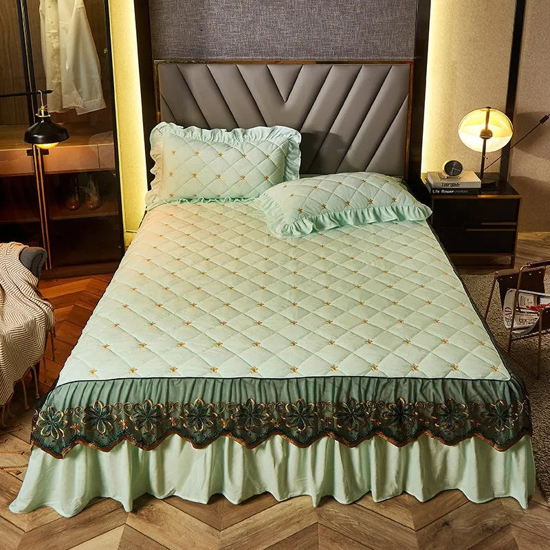 Bed Skirt Luxury Cover Lace Embroidery Crystal Velvet King Ruffle Wrap