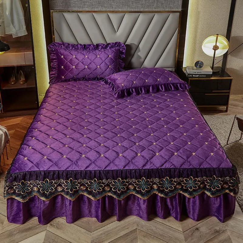 Bed Skirt Luxury Cover Lace Embroidery Crystal Velvet King Ruffle Wrap
