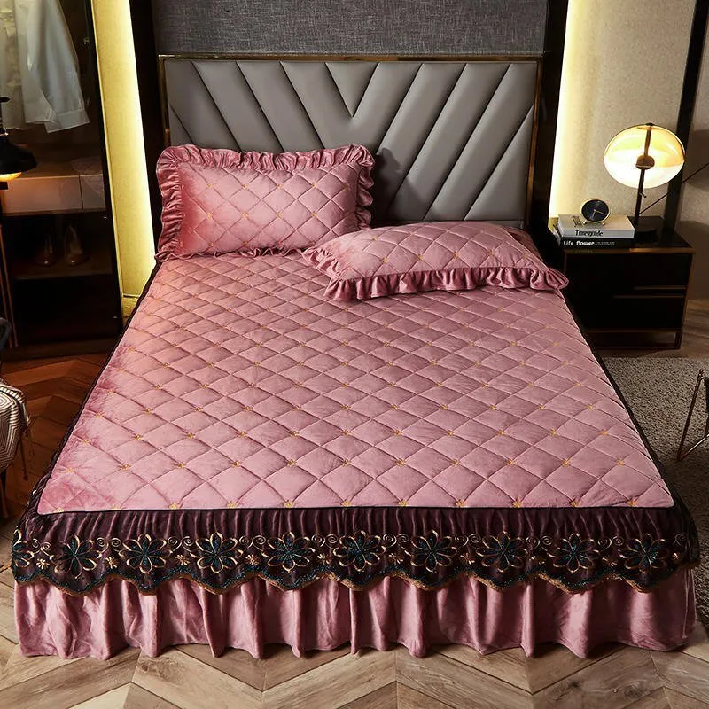 Bed Skirt Luxury Cover Lace Embroidery Crystal Velvet King Ruffle Wrap