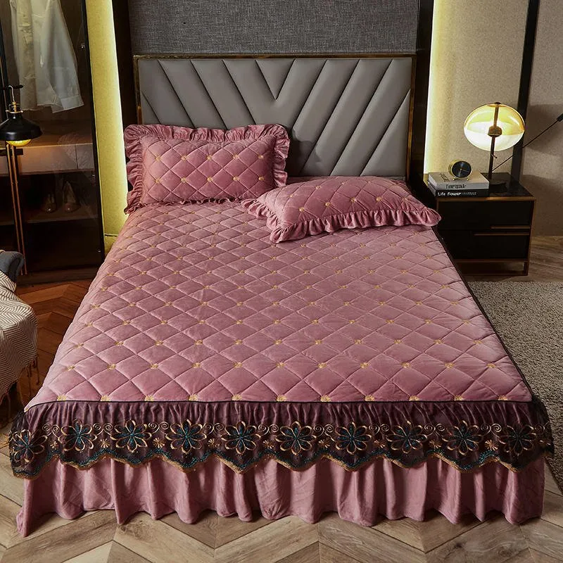 Bed Skirt Luxury Cover Lace Embroidery Crystal Velvet King Ruffle Wrap