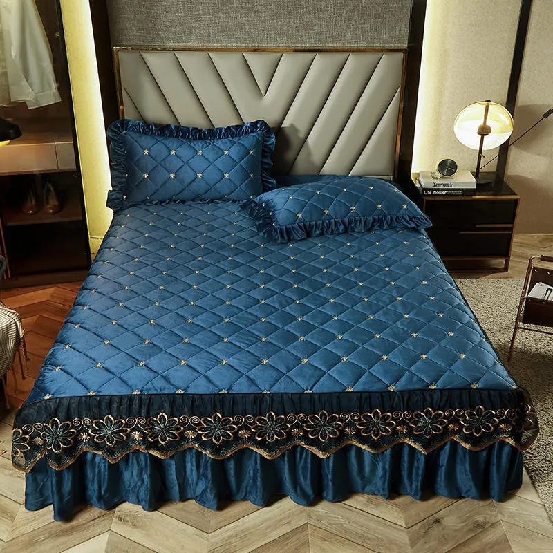 Bed Skirt Luxury Cover Lace Embroidery Crystal Velvet King Ruffle Wrap