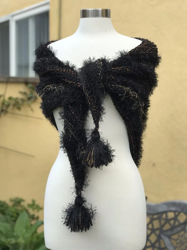 Black Knitted Shawl, Knitted Neckerchief for Women, Shawl with Fringe, Triangular Handkerchief, Mottled Knitted Handknitted
