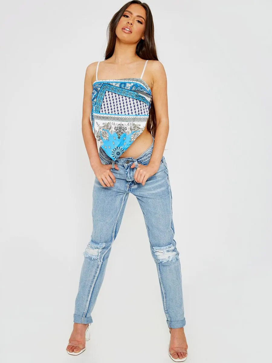 Joan Scarf Print Tie Knot Back Cami Crop Top In Royal
