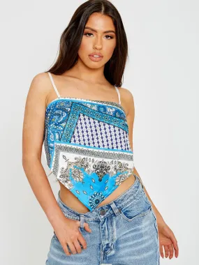 Joan Scarf Print Tie Knot Back Cami Crop Top In Royal