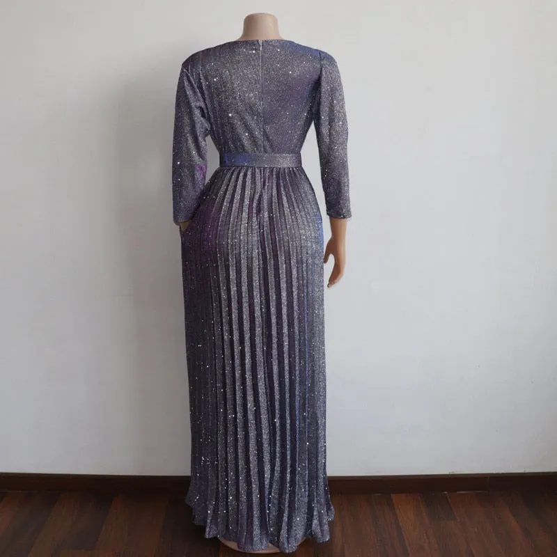 Reflective V Neck Elegant Belt Glitter Maxi Pleated Party Dress