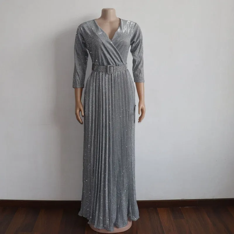 Reflective V Neck Elegant Belt Glitter Maxi Pleated Party Dress