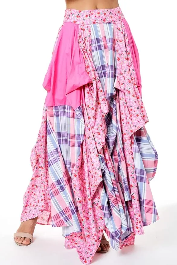 Romantic Boho Pink Plaid Asymmetrical Tov The Damsel`s Maxi Skirt
