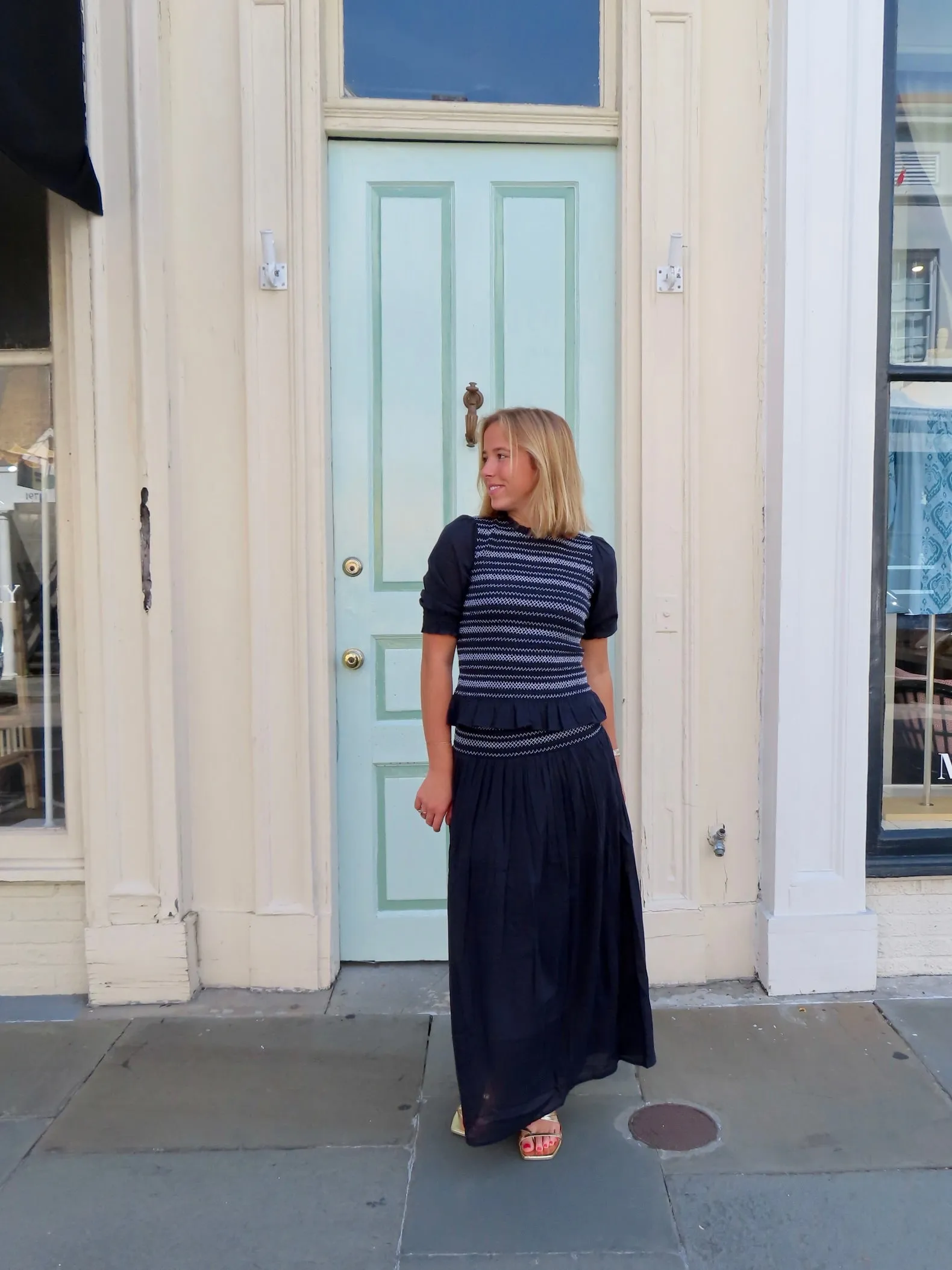 Serena Maxi Skirt Navy with White Stitching