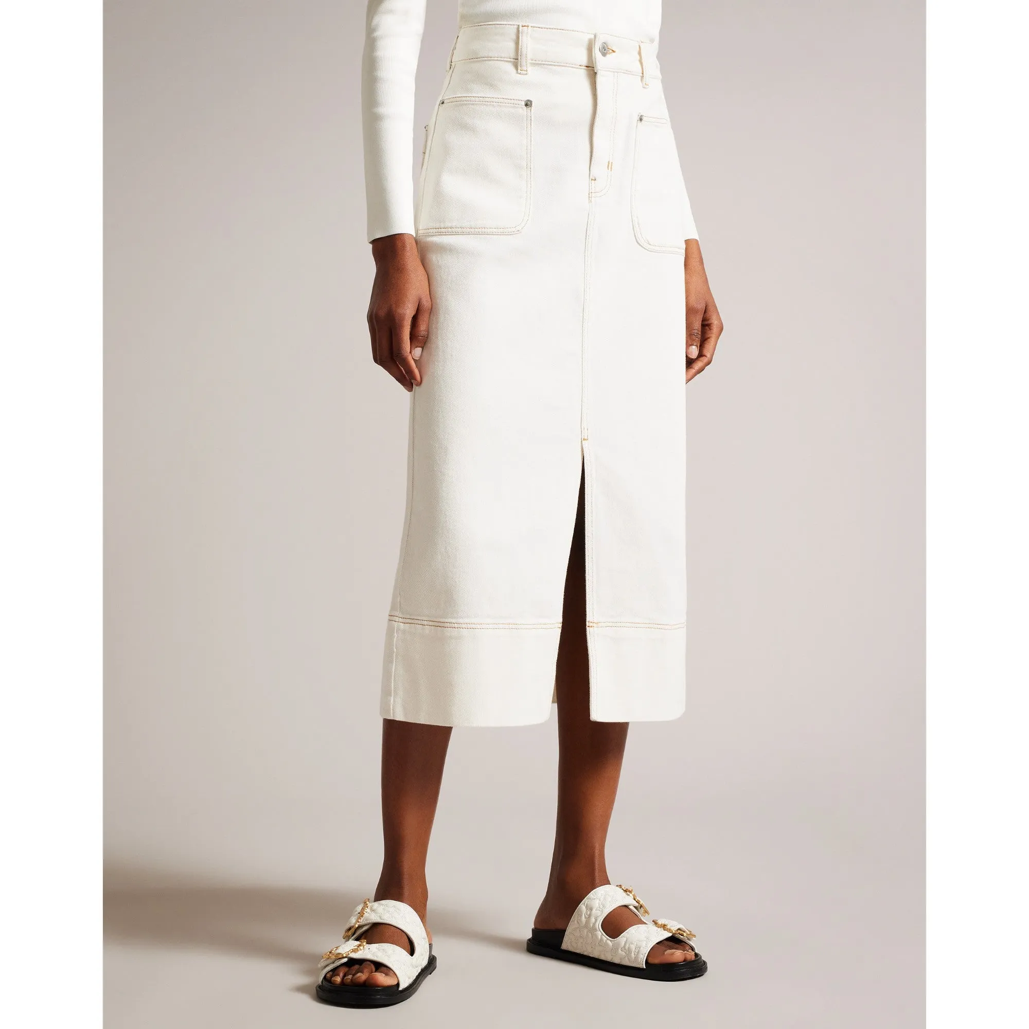 Women Wms-Jomana-Button Up Denim Pencil Skirt - Ivory